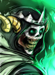  1boy adventure_time teeth black_sclera cartoon_network colored_sclera crown fire glowing glowing_eyes green_eyes green_fire grin hood horns lich looking_at_viewer male_focus maniacpaint skull smile solo teeth the_lich 