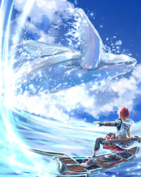  1boy absurdres adol_christin ake_miyamura black_shorts blue_sky cloud commentary_request highres male_focus outdoors red_hair sheath sheathed shoes shorts sky solo splashing surfing sword water waves weapon whale ys ys_x_nordics 