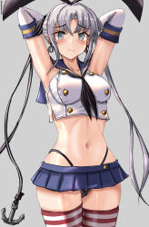  1girl absurdres ahoge akitsushima_(kancolle) armpits arms_behind_head arms_up black_hairband black_neckerchief black_panties blue_skirt breasts cosplay crop_top elbow_gloves gloves grey_background grey_eyes grey_hair hair_ribbon hairband highleg highleg_panties highres kantai_collection long_hair looking_at_viewer medium_breasts microskirt mizuki_(uzuki_no_sato) navel neckerchief panties pleated_skirt ribbon sailor_collar shimakaze_(kancolle) shimakaze_(kancolle)_(cosplay) side_ponytail sidelocks simple_background skirt solo standing striped_clothes striped_thighhighs thighhighs thighs thong underwear white_gloves 