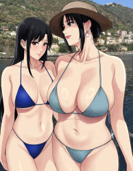  2girls aqua_bikini bikini black_eyes black_hair blue_bikini breasts collarbone cowboy_shot earrings female_focus hat highres huge_breasts jewelry large_breasts lipstick long_hair makeup mature_female mole mole_under_mouth mother_and_daughter multiple_girls navel naye_(xter) nush_(xter) older_woman_and_younger_girl photo-referenced real_life red_eyes red_lips shiny_skin sidelocks swimsuit xter  rating:Sensitive score:58 user:Ilben