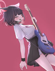  1girl :d absurdres alternate_breast_size animal_ears belt black_belt black_choker black_hair black_jacket black_mask blue_archive blush bob_cut breasts cat_ears choker clothes_around_waist colored_inner_animal_ears colored_inner_hair cowboy_shot dutch_angle electric_guitar extra_ears guitar half-closed_eyes halo happy highres holding holding_guitar holding_instrument instrument jacket jacket_around_waist jewelry kazusa_(band)_(blue_archive) kazusa_(blue_archive) large_breasts looking_at_viewer mask mask_around_neck mask_pull multicolored_hair multiple_rings official_alternate_costume open_mouth pink_background pink_hair pink_halo pleated_skirt print_shirt red_eyes ring shirt short_hair short_sleeves simple_background skirt smile solo standing sweat t-shirt thigh_belt thigh_strap two-tone_hair vanmirror white_skirt 