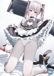  1girl :p animal_ears apron bandaid bandaid_on_clothes bandaid_on_leg bell black_shirt black_skirt blush bow bow_panties breasts cat_ears cat_girl cat_tail cleavage_cutout clothing_cutout frilled_skirt frills grey_hair heart_cutout highres indoors kneeling long_hair looking_at_viewer maid maid_apron medium_breasts on_bed original panties pantyhose pink_eyes puffy_short_sleeves puffy_sleeves shirt short_sleeves skirt smile solo tail tail_bell tail_bow tail_ornament tongue tongue_out twintails underwear white_panties white_pantyhose yana_mori 