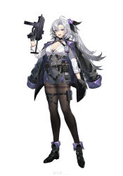  1girl :d absurdres ahoge ankle_boots apc9k_(girls&#039;_frontline) b&amp;t_apc b&amp;t_apc9 belt belt_pouch black_belt black_bra black_footwear black_hair black_pantyhose black_ribbon boots bra breasts cleavage colored_tips ear_piercing earrings flower flower_request full_body girls&#039;_frontline gloves grey_hair gun hair_between_eyes hair_flower hair_ornament hair_ribbon highres holding holding_gun holding_weapon id_card jacket jacket_on_shoulders jewelry kyo_(krokikyon) lace lace-trimmed_bra lace_trim large_breasts long_hair long_sleeves looking_at_viewer mole mole_under_mouth multicolored_hair official_art open_mouth pantyhose piercing ponytail pouch purple_eyes purple_flower ribbon ringed_eyes shirt simple_background smile solo streaked_hair submachine_gun teeth thigh_pouch thigh_strap thighband_pantyhose trigger_discipline underwear upper_teeth_only very_long_hair weapon weibo_logo weibo_watermark white_background white_shirt  rating:Sensitive score:4 user:danbooru