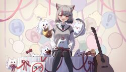  &gt;_&lt; 1girl :3 :d =_= absurdres animal_ears balloon black_thighhighs box breasts cat_ears cat_girl cat_tail crown ear_piercing earrings extra_ears gift gift_box gold_crown grey_hair grey_sweater heart-shaped_box highres instrument_request jewelry layered_sleeves lkjun_(jg010118) long_sleeves looking_at_viewer maro_(neneko_mashiro) medium_breasts multicolored_hair neneko_mashiro open_mouth piercing red_eyes red_hair shirt short_over_long_sleeves short_sleeves single_earring sitting smile stellive streaked_hair sweater tail thighhighs toy_hammer two-tone_hair virtual_youtuber white_shirt 