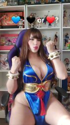  1girl alternate_color alternate_costume animated audible_music blue_dress bracelet braid breasts capcom chilean_(nationality) chun-li_(cosplay) cleavage cosplay curvy dress highres jewelry large_breasts long_hair looking_at_viewer missbrisolo multiple_views official_alternate_costume photo_(medium) punching revealing_clothes shiny_skin short_dress simple_background skin_tight sound spiked_bracelet spikes standing street_fighter street_fighter_iv street_fighter_v tagme thick_thighs thighs turnaround very_long_hair video wide_hips 