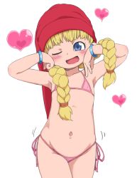 &gt;;d 1girl ;d armpits arms_up belly bikini blonde_hair blue_eyes blush bracelet braid bubukka covered_erect_nipples cowboy_shot dragon_quest dragon_quest_xi duplicate flat_chest hair_over_shoulder hands_on_own_face hat heart jewelry loli long_hair looking_at_viewer navel one_eye_closed open_mouth pink_bikini simple_background smile solo stomach string_bikini swimsuit twin_braids v-shaped_eyebrows veronica_(dq11) white_background rating:Questionable score:164 user:Domestic_Importer