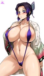  1girl absurdres areola_slip blush breasts cleft_of_venus covered_erect_nipples highres huge_breasts jmg kimetsu_no_yaiba kochou_shinobu looking_at_viewer partially_visible_vulva revealing_clothes slingshot_swimsuit solo swimsuit swimsuit_under_clothes tagme  rating:Questionable score:61 user:Zantho_Slayer