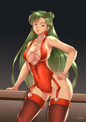  1girl artist_name bishoujo_senshi_sailor_moon black_background breasts cleavage contrapposto dark-skinned_female dark_skin earrings expressionless green_hair hair_bun hand_on_own_hip haryudanto jewelry large_breasts leotard lingerie long_hair looking_at_viewer meiou_setsuna red_eyes red_leotard red_lips red_thighhighs signature simple_background single_hair_bun solo standing thigh_strap thighhighs underwear wide_hips  rating:Sensitive score:45 user:danbooru