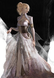 1girl arm_at_side armlet black_background blonde_hair braid breasts bridal_gauntlets cape character_request choker closed_mouth commentary cropped_jacket crown_braid dress earrings feet_out_of_frame final_fantasy final_fantasy_xv grey_cape halter_dress halterneck highres jacket jewelry looking_to_the_side lunafreya_nox_fleuret medium_breasts minami_cha ponytail purple_dress purple_jacket skirt_hold solo standing white_background yellow_eyes 