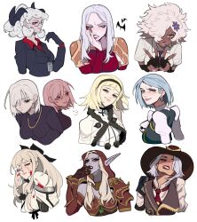  6+girls ace_attorney ashe_(overwatch) black_horns blonde_hair blood blue_hair bow cape capelet carmilla_(castlevania) castlevania_(netflix) castlevania_(series) character_request colored_skin copyright_request demon_horns drag-on_dragoon drag-on_dragoon_3 dress elf fingernails fiona_frost flower flower_over_eye franziska_von_karma glasses gloves hair_bow hairband hat helltaker high_elf_(warcraft) highres hood horns long_eyebrows long_hair looking_at_viewer lunar_tear multiple_girls no_more_heroes one_(drag-on_dragoon) overwatch pandemonica_(helltaker) pointy_ears porqueloin red_eyes red_lips roman_numeral shinobu_jacobs short_hair spy_x_family sylvanas_windrunner vampire warcraft white_background white_cape white_capelet white_hair world_of_warcraft zero_(drag-on_dragoon) 