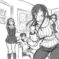  blush breasts couch denim earmuffs jeans kinuko_(kinucakes) large_breasts long_hair lowres mittens monochrome one_eye_closed pants snow sweater wink  rating:Sensitive score:8 user:SarcasticTree