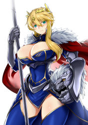  1girl artoria_pendragon_(all) artoria_pendragon_(fate) artoria_pendragon_(lancer)_(fate) blonde_hair blue_eyes blue_thighhighs braid breasts bursting_breasts cape cleavage cleavage_cutout clothing_cutout covered_navel fate/grand_order fate_(series) female_knight fur_trim gauntlets green_eyes unworn_headwear helmet unworn_helmet highres holding holding_weapon knight kurobuchi_numama large_breasts long_hair looking_at_viewer md5_mismatch mature_female polearm saber_(fate) simple_background solo spear thighhighs weapon white_background  rating:Sensitive score:49 user:railbreaker