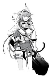  1girl absurdres animal_ears arknights belt blaze_(arknights) cat_ears cat_girl cat_tail cropped_legs fingerless_gloves gloves greyscale grin hairband hand_on_own_hip highres holster jacket monochrome open_clothes pouch simple_background skirt smile solo tail tank_top thigh_holster utsuke white_background 