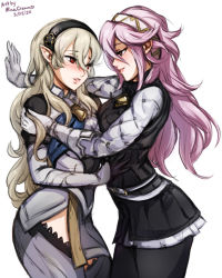  2girls against_wall armor ass blush brown_eyes cape collar corrin_(female)_(fire_emblem) corrin_(fire_emblem) dated dragon_girl eye_contact fire_emblem fire_emblem_fates gloves grabbing hair_ornament hairband hairclip hands_on_another&#039;s_waist headband holding holding_own_hair leggings legs long_hair looking_at_another mina_cream multiple_girls nintendo pink_hair pointy_ears red_eyes seductive_smile skirt smile smirk soleil_(fire_emblem) thighs white_armor white_hair yuri  rating:Sensitive score:49 user:alphair
