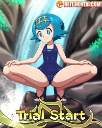  1girl blue_eyes blue_hair breasts cameltoe cleft_of_venus creatures_(company) feet flip-flops game_freak lana_(pokemon) nintendo one-piece_swimsuit outdoors pokemon pokemon_sm reit sandals short_hair small_breasts swimsuit toes trial_captain water waterfall 