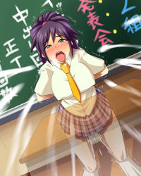  ass ass_grab bent_over blush breasts bukkake chalkboard clothed_sex cum cum_in_pussy demonstration green_eyes group_sex huge_breasts large_breasts long_hair necktie open_mouth orgasm cum_overflow podium purple_hair school_uniform sex surprised text_focus yume_no_tanuki  rating:Explicit score:86 user:27th