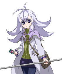  1girl absurdres ahoge aromage_jasmine artist_request bag blue_eyes card cowboy_shot duel_monster female_focus highres light_purple_hair looking_at_viewer simple_background solo staff standing sweater white_background yu-gi-oh! yuu-gi-ou yu-gi-oh!_duel_monsters  rating:Sensitive score:4 user:Reimu_H