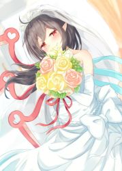 1girl ahoge alternate_costume asymmetrical_wings bad_id bad_twitter_id bare_shoulders black_hair blush bouquet bridal_veil collarbone dress dutch_angle elbow_gloves flower gloves half-closed_eyes heart houjuu_nue igayan long_hair looking_at_viewer pointy_ears red_eyes red_ribbon ribbon smile solo strapless strapless_dress touhou veil wedding_dress white_dress white_gloves wings rating:Sensitive score:5 user:danbooru