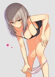 10s 1girl bent_over bottomless breasts camisole cleavage closed_mouth expressionless girls_und_panzer grey_background grey_eyes grey_hair hair_between_eyes hand_on_own_thigh highres icomochi itsumi_erika large_breasts medium_hair nipple_slip nipples panties panty_pull pulling_own_clothes simple_background solo strap_slip underwear undressing white_panties rating:Questionable score:103 user:danbooru