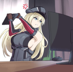 1girl anger_vein angry_german_kid bismarck_(kancolle) blonde_hair blue_eyes breasts brown_gloves detached_sleeves gloves grey_hat hat kantai_collection keyboard_(computer) large_breasts long_hair monitor mouse_(computer) peaked_cap shirt sleeveless sleeveless_shirt solo upper_body zuikillme