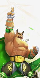  1boy abs arms_up bara brown_eyes bulge cape championship_belt clenched_hand commentary crave_saga english_commentary falling_leaves fangs fingerless_gloves furry furry_male gloves highres kusu_(x_kusunagi_x) leaf looking_at_viewer male_focus muscular muscular_male nipples open_mouth panther_boy panther_ears pectorals pointing pointing_up sergio_(crave_saga) topless_male white_background white_gloves wrestler 