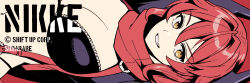  1girl amearare breasts cleavage company_name copyright_name english_text goddess_of_victory:_nikke grin hair_between_eyes large_breasts long_hair looking_at_viewer red_background red_hair red_hood_(nikke) red_scarf scarf sidelocks smile solo stomach twitter_username upper_body yellow_eyes 