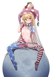  1girl absurdres blonde_hair blue_eyes blush breasts clownpiece ddism decensored dress feet female_focus full_body half-closed_eyes hat highres jester_cap loli long_hair looking_at_viewer navel neck_ruff nipples no_shoes pantyhose purple_hat red_eyes simple_background sitting small_breasts spread_legs star_(symbol) star_print striped_clothes striped_dress third-party_edit torn_clothes torn_dress torn_legwear touhou white_background  rating:Explicit score:82 user:Razamataze