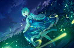  1girl :d asagao_reijou_(love_live!) bead_necklace beads blue_bow blue_dress bow cape cloud collarbone colored_inner_hair dark dress dutch_angle fireflies flats floral_print_dress frilled_dress frills full_body game_cg grey_hair hair_bow highres jewelry lace_socks leaf_print leg_up link!_like!_love_live! long_dress looking_at_viewer love_live! multicolored_hair necklace night night_sky official_art open_mouth pink_eyes red_hair see-through_cape short_hair skirt_hold sky sleeveless sleeveless_dress smile solo standing standing_on_one_leg teeth third-party_source upper_teeth_only virtual_youtuber white_cape yugiri_tsuzuri 