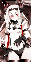  1girl 3: abyssal_ship air_defense_princess black_gloves black_panties breasts character_name colored_skin copyright_name gloves headband headgear heart heart-shaped_pupils highres kantai_collection long_hair looking_at_viewer machinery medium_breasts navel oso_(toolate) pale_skin panties red_eyes solo symbol-shaped_pupils underwear very_long_hair white_hair white_skin 