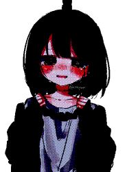  1girl black_eyes black_hair blush collarbone crying crying_with_eyes_open hands_up high_contrast highres long_sleeves looking_at_viewer oniyamakei open_mouth original pixel_art rope rope_marks shirt short_hair simple_background smile solo suicide tears upper_body white_background white_shirt  rating:Sensitive score:20 user:danbooru