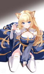  1girl animal_ear_fluff animal_ears arch_bishop_(ragnarok_online) blonde_hair blue_dress blue_eyes blush breasts cat_day cat_ears claw_pose cleavage cleavage_cutout closed_mouth clothing_cutout commentary cross dress full_body highres juliet_sleeves large_breasts long_hair long_sleeves looking_at_viewer medium_bangs pelvic_curtain puffy_sleeves ragnarok_online ribbon-trimmed_thighhighs ribbon_trim sash smile solo thighhighs tomo-graphy two-tone_dress very_long_hair white_dress white_thighhighs yellow_sash 