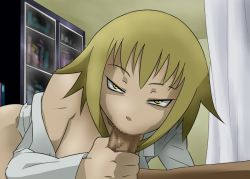  00s 1girl :&gt;= blonde_hair censored doctor fellatio ice_place infirmary looking_at_viewer medusa_gorgon oral school_nurse soul_eater yellow_eyes  rating:Explicit score:125 user:mesausa