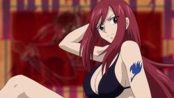  1girl animated anime_screenshot armpits arms_behind_head bikini bouncing_breasts breasts cleavage erza_scarlet fairy_tail large_breasts long_hair looking_at_viewer red_hair screencap seductive_gaze seductive_smile smile swimsuit video  rating:Sensitive score:17 user:YuukoLover