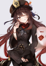  1girl :q bangs black_clothes black_headwear black_nails black_shorts blush bracelet brown_hair chinese_clothes closed_mouth eyebrows_visible_through_hair genshin_impact ghost gradient_hair grey_background hand_up hat highres hu_tao jewelry long_sleeves looking_at_viewer mamezou_(tzakki023) multicolored_hair nail_polish one_eye_closed red_eyes red_hair ring shorts simple_background sleeves_past_wrists smile tongue tongue_out 