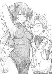  1boy 1girl armpits arms_behind_head arms_up artist_self-insert blue_archive breasts butterfly_hair_ornament china_dress chinese_clothes coat commentary covered_erect_nipples dated double_bun dress english_text fkscrashing graphite_(medium) greyscale grin hair_bun hair_ornament half-closed_eyes highres kisaki_(blue_archive) medium_breasts mole mole_under_eye monochrome necktie original sideboob signature smile smug traditional_media twintails 