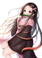  1girl absurdres bit_gag black_hair blush brown_cloak checkered_clothes clenched_hand cloak coat commentary_request covered_mouth dress gag hair_ribbon highres invisible_chair japanese_clothes kamado_nezuko kimetsu_no_yaiba kimono long_hair looking_at_viewer orange_hair pink_dress pink_kimono pink_ribbon ribbon saki_(saki_paint) sitting solo white_background 