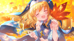  1girl ^_^ autumn_leaves bare_shoulders blonde_hair blue_scarf blue_shirt blurry blurry_background blush breasts bucchake_(asami) closed_eyes collared_shirt commentary_request cropped_shirt cross cross_necklace dappled_sunlight facing_viewer floating_hair habit head_tilt highres holding holding_leaf jewelry leaf long_hair midriff necklace ootomo_sourin_(sengoku_otome) open_mouth scarf sengoku_otome shirt sleeveless sleeveless_shirt small_breasts smile solo sunlight swept_bangs upper_body 