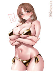  1girl artist_name bare_arms bare_shoulders bikini blush breasts brown_eyes brown_hair chiyoda_(kancolle) closed_mouth collarbone commentary cowboy_shot cropped_legs crossed_arms ebifurya frown furrowed_brow gold_bikini groin heavy_breathing highres kantai_collection large_breasts light_brown_hair looking_at_viewer medium_hair navel one-hour_drawing_challenge parted_bangs side-tie_bikini_bottom sidelocks simple_background skindentation solo spoken_blush stomach strap_gap sweat swimsuit thighs twitter_username underboob white_background 