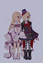  2girls ascot bare_shoulders blonde_hair boots doll_joints dress dual_persona expressionless flower full_body hair_flower hair_ornament hair_over_one_eye hat high_heels highres idolmaster idolmaster_cinderella_girls jacket joints long_hair looking_at_viewer michi_kkp mini_hat mini_top_hat multiple_girls red_eyes shirasaka_koume short_hair skirt sleeves_past_fingers sleeves_past_wrists striped_clothes striped_thighhighs thighhighs top_hat white_dress zettai_ryouiki  rating:General score:2 user:danbooru