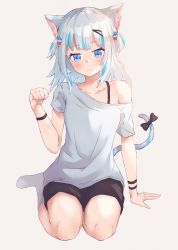  1girl animal_ears blue_eyes blue_hair blush breasts cat_ears cat_girl closed_mouth collarbone eyebrows_visible_through_hair gawr_gura hair_ornament highres hololive hololive_english holomyth looking_at_viewer medium_hair multicolored_hair paw_pose shark_hair_ornament shironekokfp shirt short_sleeves shorts silver_hair simple_background small_breasts solo streaked_hair t-shirt virtual_youtuber white_background 