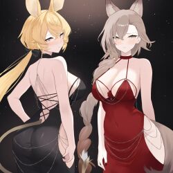  2girls absurdres aliasing animal_ears arknights ass backless_dress backless_outfit bare_shoulders black_background black_dress blonde_hair blush breasts brown_hair brown_tail chain cleavage closed_mouth commentary_request covered_navel cowboy_shot crossed_bangs dorothy_(arknights) dr.lamina dress embarrassed fingernails groin hair_between_eyes halter_dress halterneck highres hip_vent large_breasts light_particles long_hair looking_at_viewer meme_attire modakawa_dress mole_above_eye mole_on_forehead multiple_girls partial_commentary penance_(arknights) red_dress standing tail yellow_eyes 