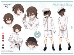  1boy admiral_(kancolle) brown_hair character_sheet collared_shirt commission full_body gun handgun hat highres holding holding_gun holding_weapon kantai_collection little_boy_admiral_(kancolle) long_sleeves male_focus military military_uniform multiple_views open_mouth pixiv_id r-king red_eyes shirt shoes shorts simple_background skeb_commission sleeves_past_fingers sleeves_past_wrists socks standing sweat uniform weapon white_hat white_shirt white_shorts 