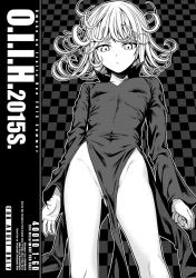 1girl 40010prototype bare_hips bare_legs black_dress breasts contrapposto covered_navel curly_hair dress from_below greyscale groin highres looking_at_viewer looking_down monochrome no_panties one-punch_man pelvic_curtain revealing_clothes short_hair small_breasts solo standing tatsumaki thighs rating:Sensitive score:76 user:danbooru