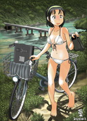  1girl :d awatake_takahiro barefoot bicycle bikini black_footwear black_hair breasts brown_eyes clothing_aside commentary_request dated full_body headband highres holding holding_shoes medium_breasts navel one-piece_tan open_mouth original river rural school_uniform shoes short_hair smile solo string_bikini sweatdrop swimsuit tan tanline toes white_bikini 