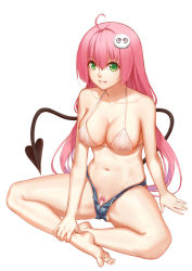 1girl ahoge bad_id bad_pixiv_id bar_censor barefoot bikini bikini_top_only breasts censored cleavage colored_pubic_hair covered_erect_nipples demon_tail feet female_pubic_hair full_body green_eyes hair_ornament highres indian_style lala_satalin_deviluke long_hair looking_at_viewer medium_breasts navel nipples parted_lips partially_visible_vulva pink_hair pubic_hair see-through short_shorts shorts simple_background sitting smile solo strap_gap swimsuit tail to_love-ru toes unbuttoned white_background yizhirenben rating:Questionable score:50 user:danbooru