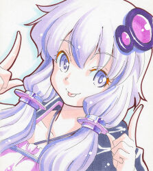  1girl collarbone commentary_request criss-cross_halter double_v drop_shadow hair_between_eyes hair_ornament hair_tubes halterneck hands_up looking_at_viewer mizuki_hitoshi partial_commentary purple_eyes purple_hair short_hair_with_long_locks solo tongue tongue_out traditional_media v vocaloid voiceroid white_background yuzuki_yukari 