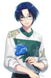  1boy a3! artist_name black_hair blue_eyes blue_flower flower highres holding holding_flower long_sleeves looking_at_viewer male_focus parted_bangs short_hair solo standing taka_banyaaa tsukioka_tsumugi white_background 
