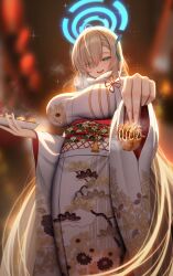  1girl absurdres asuna_(blue_archive) blonde_hair blue_archive blue_eyes blurry blurry_background blush breasts fireworks floral_print food hair_ornament hair_over_one_eye halo highres holding incoming_food japanese_clothes kimono large_breasts light_brown_hair long_hair long_sleeves looking_at_viewer momoriko obi open_mouth ribbon robe sash smile solo summer_festival takoyaki very_long_hair white_kimono wide_sleeves yukata 
