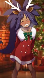  1girl :d alternate_costume arms_behind_back blurry blurry_background blush bow breath buttons christmas christmas_tree closed_eyes coat collarbone commentary_request creatures_(company) dark-skinned_female dark_skin game_freak green_bow grin hair_rings highres horns indoors iris_(pokemon) kohatsuka leaning long_hair looking_at_viewer nintendo open_mouth pokemon pokemon_bw purple_hair red_coat red_eyes smile solo standing teeth third-party_edit  rating:Sensitive score:31 user:A_User