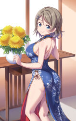 1girl absurdres ass back backless_dress backless_outfit bare_back bare_shoulders breasts brown_hair china_dress chinese_clothes dress from_behind hair_ornament highres large_breasts looking_at_viewer love_live! love_live!_sunshine!! short_hair sideboob solo thighs tsukimi_seiya watanabe_you wavy_hair 